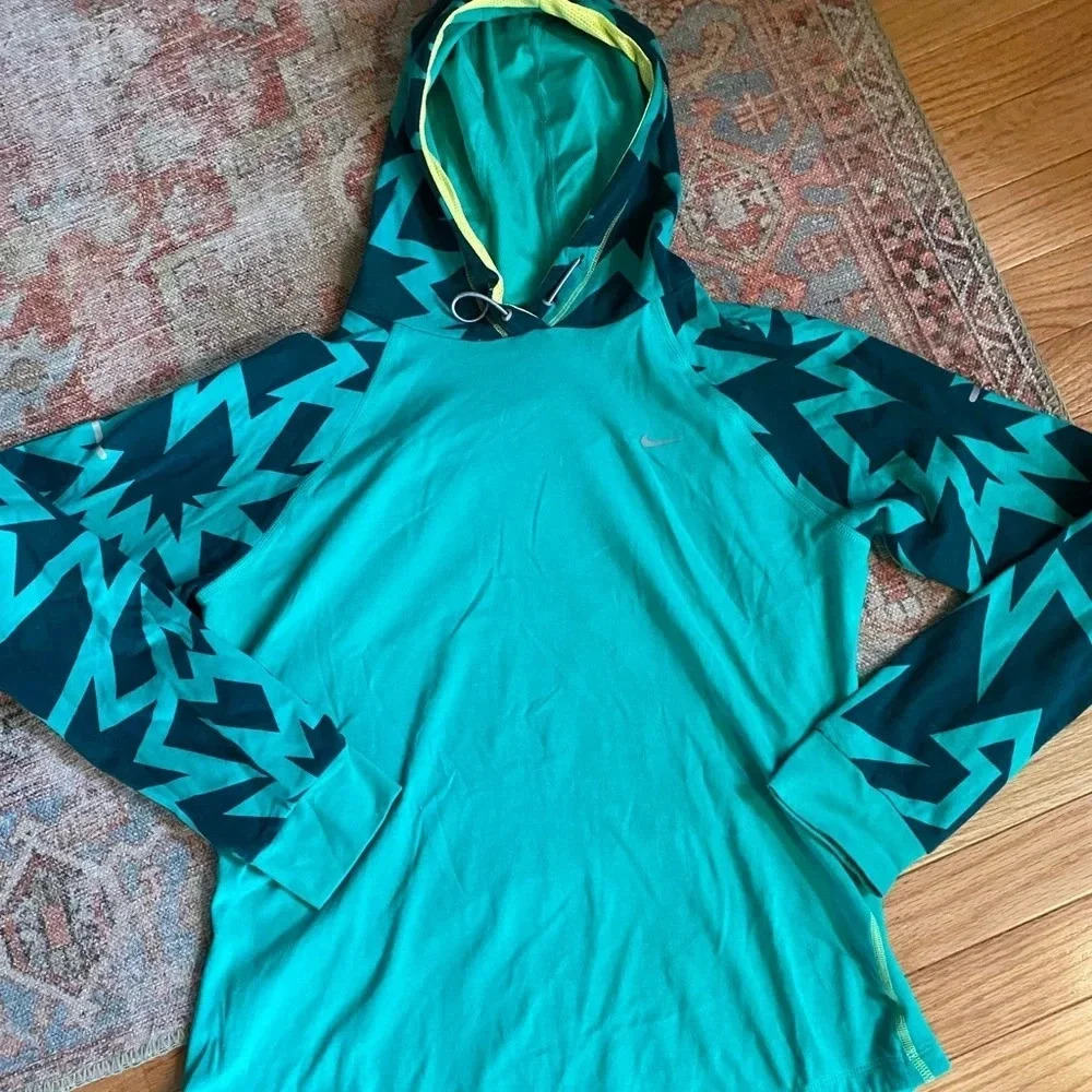 Nike Dri-FIT‎ Hoodie Geometric Patterned Blue Pullover Running Sweatshirt M
